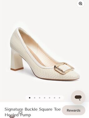 Classic Square-Toe Heeled Pump in Cream with Gold Buckle